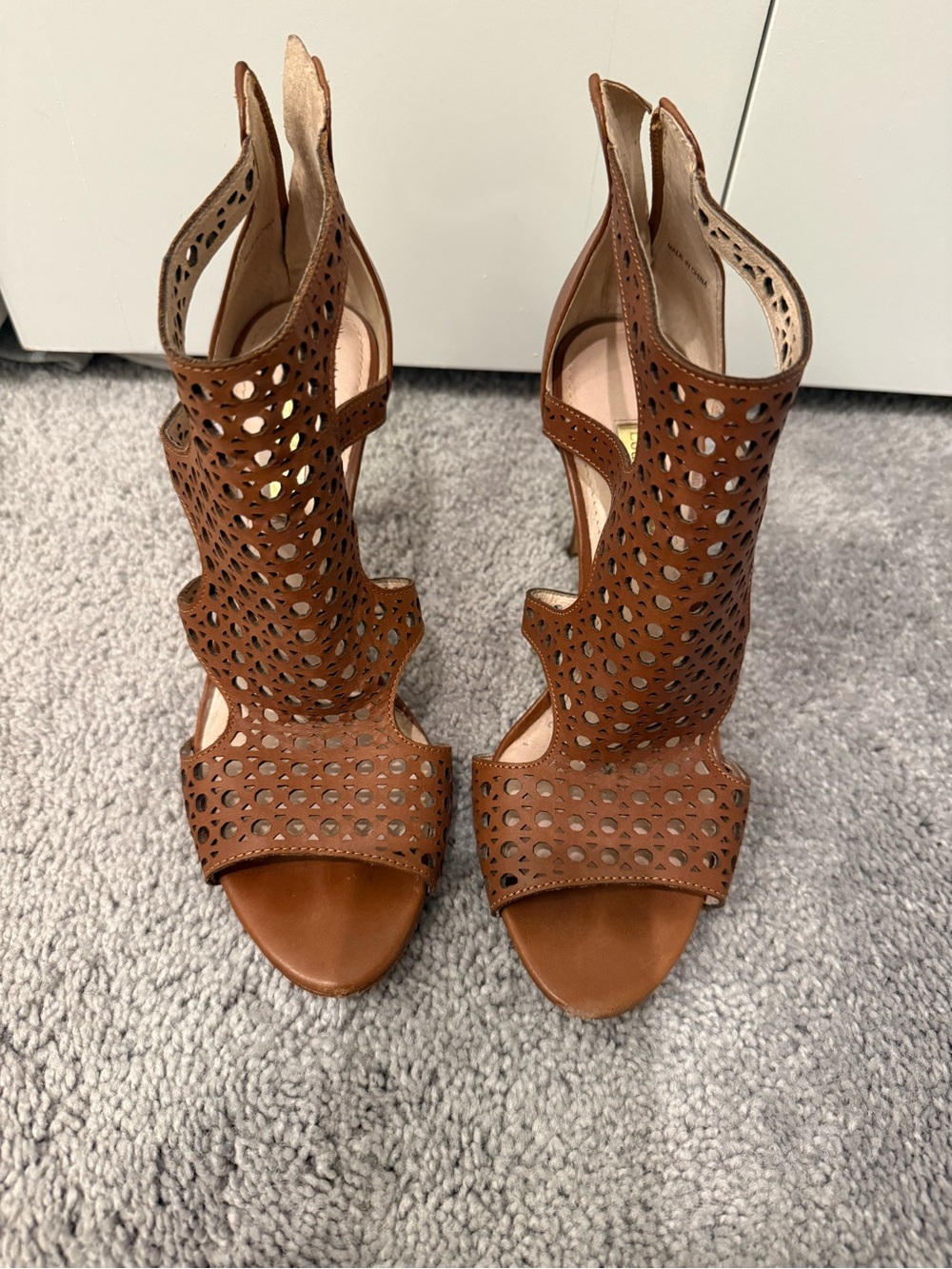 Louise et Cie Tan Laser-Cut Leather High-Heel Sandals